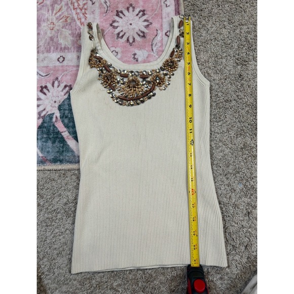 Y2K VTG Cache Beaded Tank Top Cream Ribbed Knit Sleeveless Embellished Women's S - Picture 8 of 9